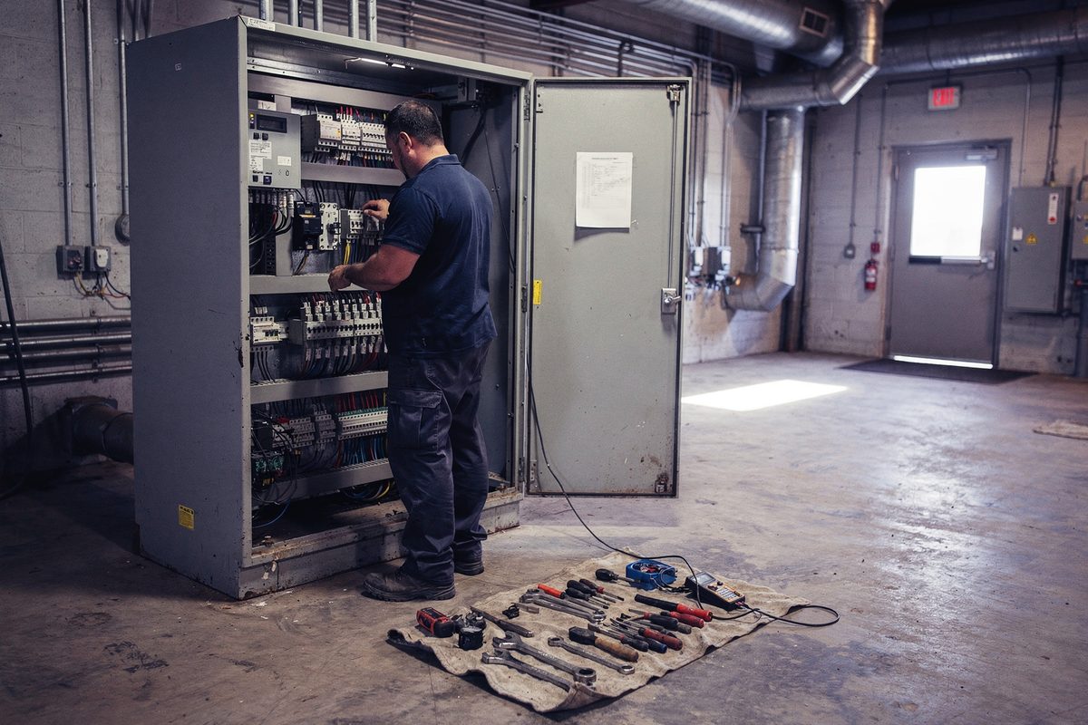 Technician standing at an open control cabinet in a commercial plant room