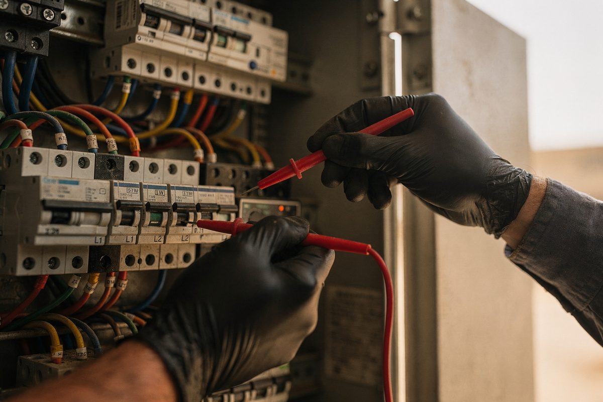Gloved hands terminating wiring inside an open control panel during commissioning